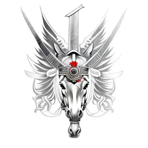 Polish winged cavalry, sword, horse, samurai, helmet, dark style, dark knight, hell, dark pictures, tattoo design idea