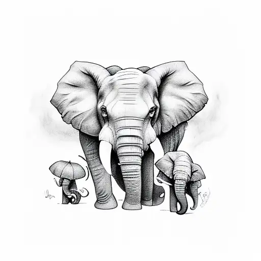 elefant followed by 3 elefant kids (girls) in a continous line tattoo design idea