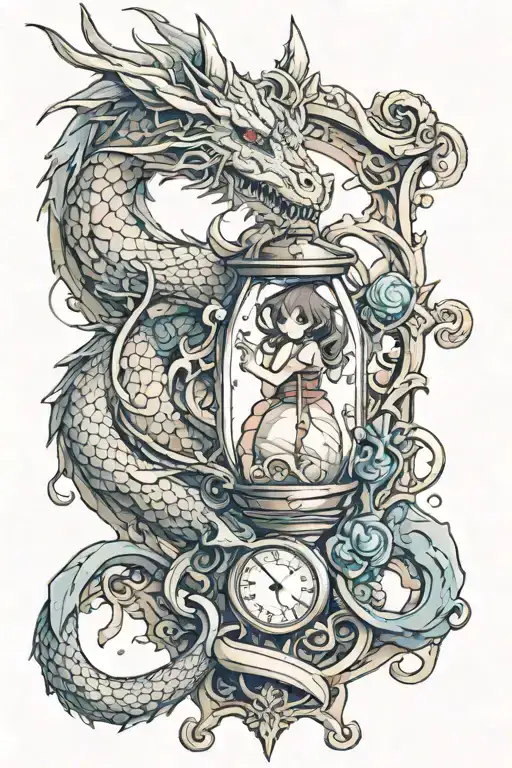 a dragon wrapped around an hourglass. A girl is trapped in the hourglass.  tattoo design idea