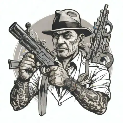 A self-portrait of the client as a mafia boss, surrounded by his favorite weapons tattoo design idea