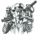 A self-portrait of the client as a mafia boss, surrounded by his favorite weapons tattoo design idea