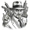 A self-portrait of the client as a mafia boss, surrounded by his favorite weapons tattoo design idea
