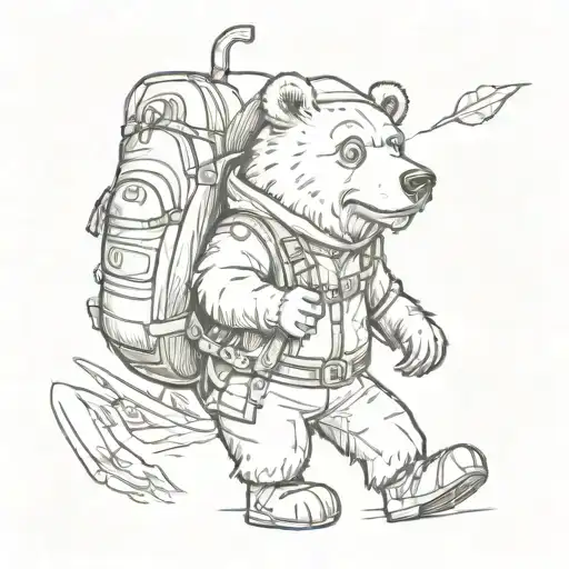 A playful cartoon bear wearing hiking gear and exploring the wilderness tattoo design idea