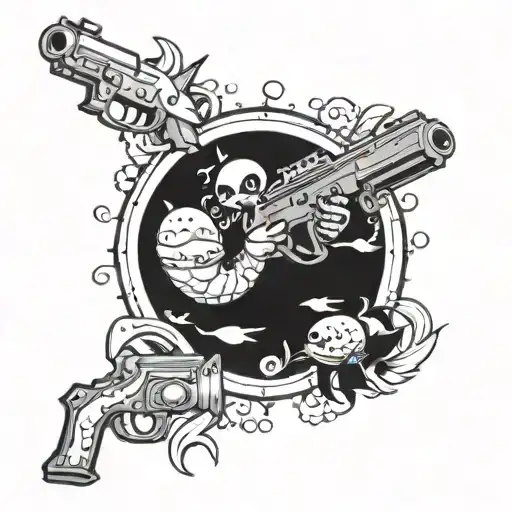 A full arm sleeve of cartoon sea creatures interacting with guns in an old school style tattoo design idea