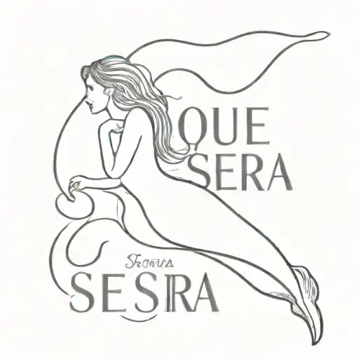 A mermaid in lines who laid on her side and the text que sera sera under it tattoo design idea