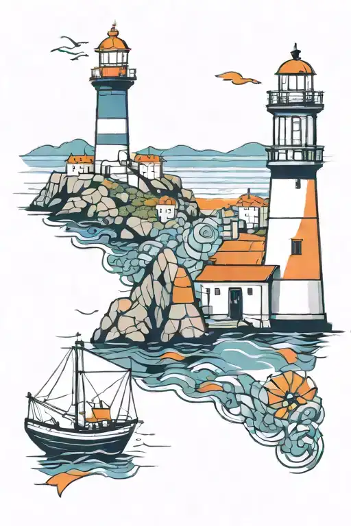 Lighthouse and mosaic Porto colors like blue and orange tattoo design idea