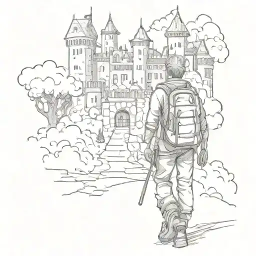 A sketch of a traveler with a backpack and a book in hand, walking towards a fantasy castle tattoo design idea