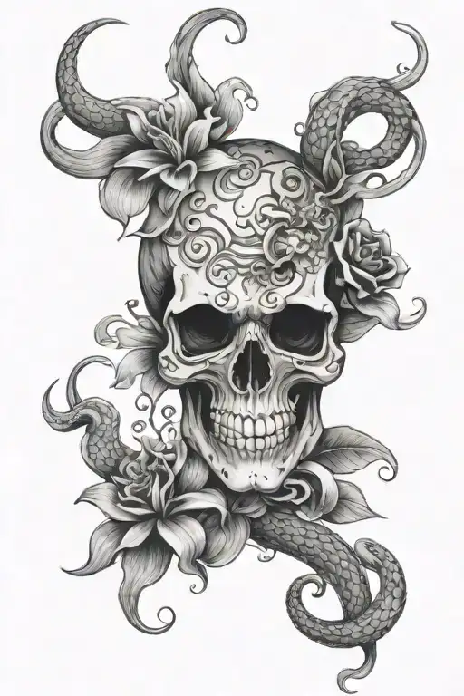 skull with snake in an 8 shape and lilly flower tattoo design idea