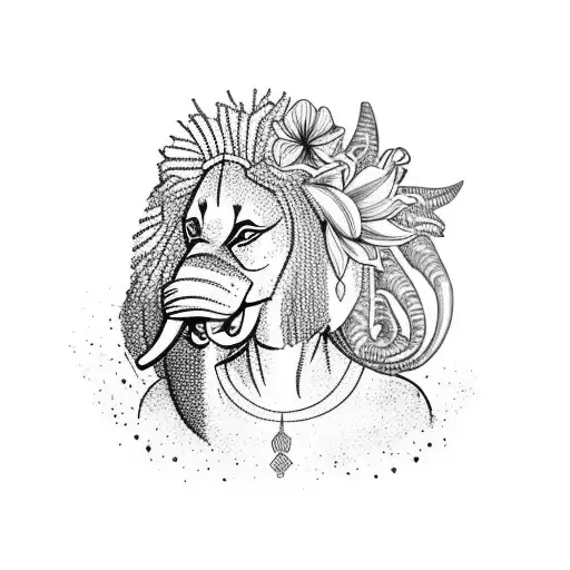 African continent, including Madagascar, filled inside with an African woman, elephant, half female lion, hibiscus flowe tattoo design idea