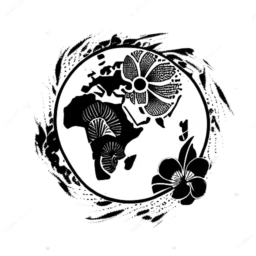 African continent, including Madagascar, filled inside with an African woman, elephant, half female lion, hibiscus flowe tattoo design idea