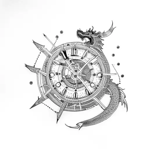 A cyberpunk-inspired clockwork dragon in blackwork style tattoo design idea