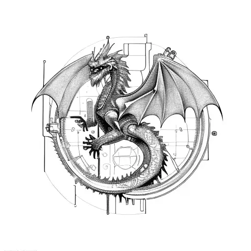 A cyberpunk-inspired clockwork mechanism integrated into a celtic dragon design in sketch style tattoo design idea