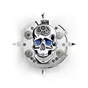 A skull with steampunk clockwork elements and geo patterns in dotwork style tattoo design idea