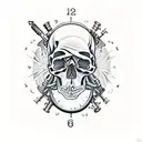 A skull with steampunk clockwork elements and geo patterns in dotwork style tattoo design idea