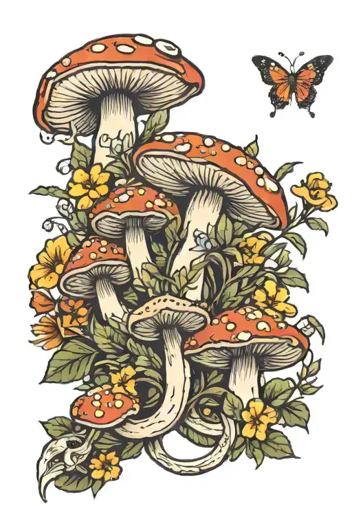 mushrooms flowers butterflies snake  tattoo design idea