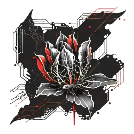 A cyberpunk-inspired tulip intertwined with circuitry and neon lights tattoo design idea