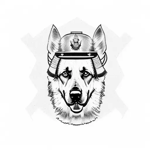 A dynamic sketch-style tattoo featuring a German shepherd wearing a military helmet, with crossed rifles behind it, representing the client's oilfield and military occupations. tattoo design idea
