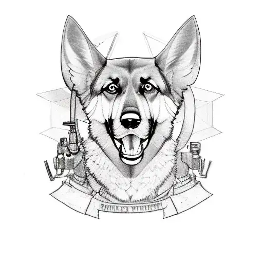 A dynamic sketch-style tattoo featuring a German shepherd wearing a military helmet, with crossed rifles behind it, representing the client's oilfield and military occupations. tattoo design idea