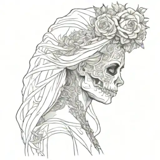 skull bride with veil side profile tattoo design idea
