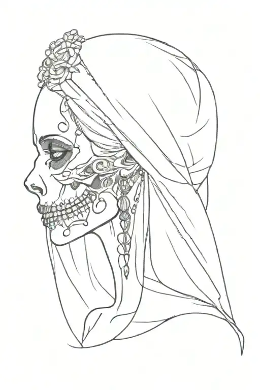 skull bride with veil side profile tattoo design idea