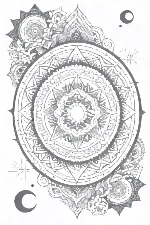 An intricate mandala design incorporating elements of mountains, sun, and moon, representing inner peace and strength tattoo design idea