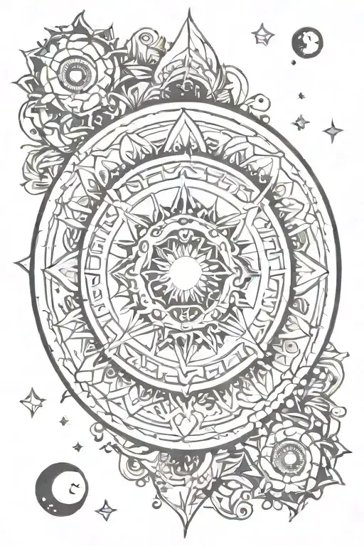 An intricate mandala design incorporating elements of mountains, sun, and moon, representing inner peace and strength tattoo design idea