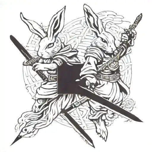 Two rabbits dressed as warriors virtical sword emerging tattoo design idea