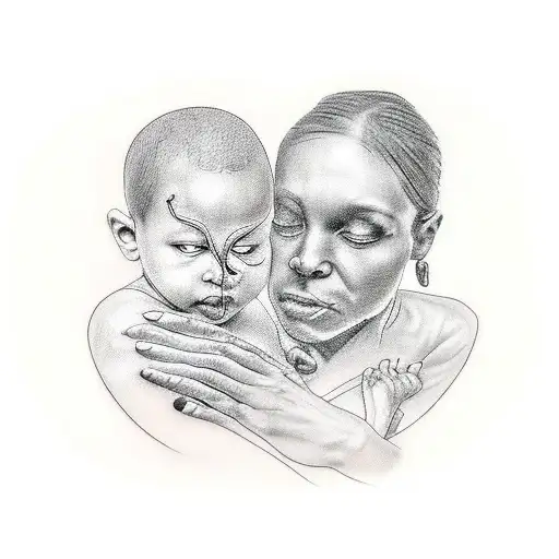 A black-grey tattoo depicting a mother and child in an embrace, with the mother's brain subtly integrated into the design, representing the client's occupation as a doctor and their love for their children. tattoo design idea