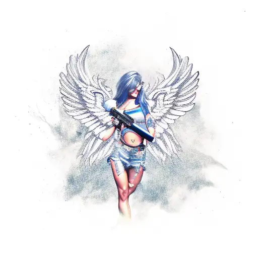 female with wings and a gun tattoo design idea