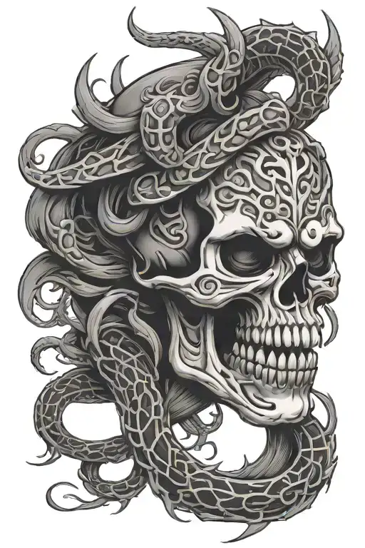 skull oni mask with a skeleton snake wrapped round tattoo design idea