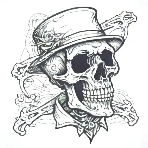 Draw me a tattoo of a blue collar skeleton with a happy expression but put scribbles over his head like in a Charlie Bro tattoo design idea
