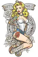 blonde pin up girl full body with name Brittany tattoo design idea