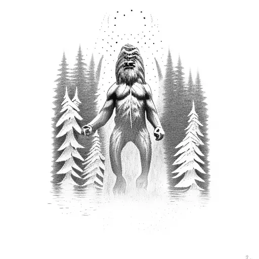 bigfoot in forest Lochness monster in water ufo with mothman tattoo design idea