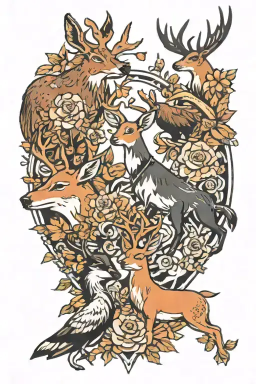 birds, deer, and dogs tattoo design idea