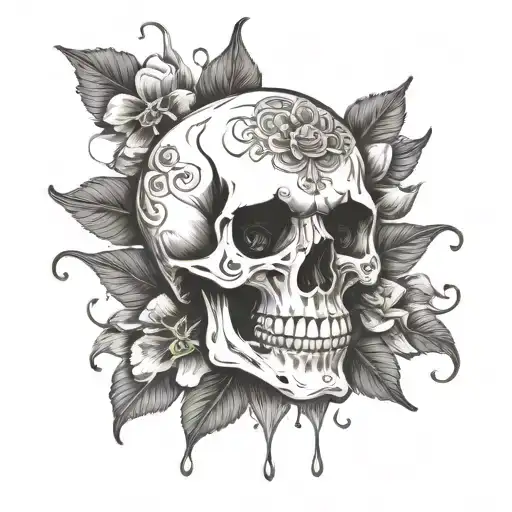 A skull with petals falling from its eye sockets like tears mirroring itself  tattoo design idea