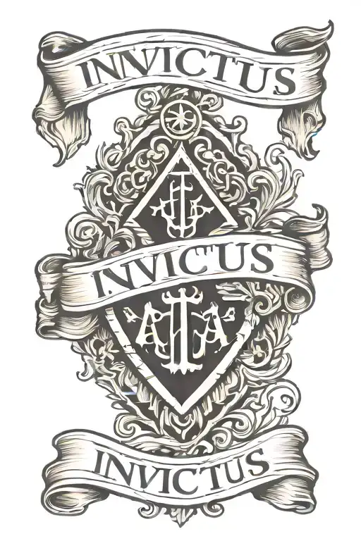 algiz rune with a banner that reads "INVICTUS" tattoo design idea