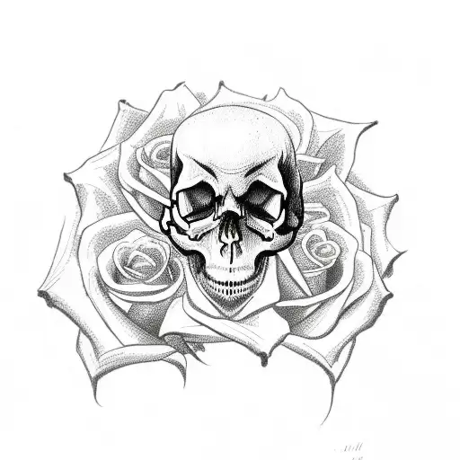 Four fanged skull with roses tattoo design idea