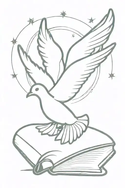 Book with dove wearing halo resting on top tattoo design idea