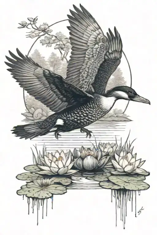 loon spreading wings on water with water lily in foreground and a tree line in the background tattoo design idea