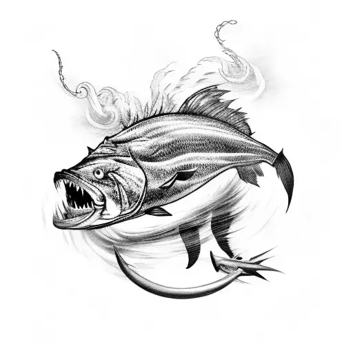 A powerful black-grey tattoo of a fisherman battling a mighty fish in the midst of a storm, symbolizing resilience and strength tattoo design idea