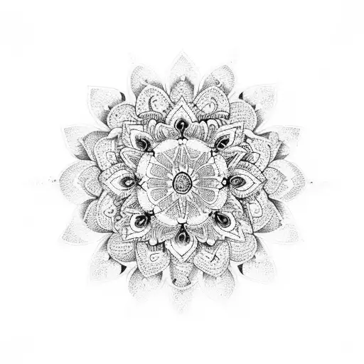 A dotwork mandala design incorporating elements of the snowdrop flower, representing the balance and harmony found in embracing both beauty and anxiety tattoo design idea