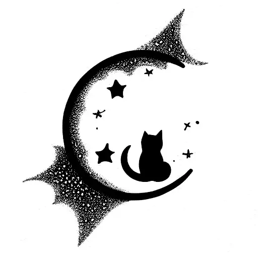 cat moon stars celestial tattoo design idea