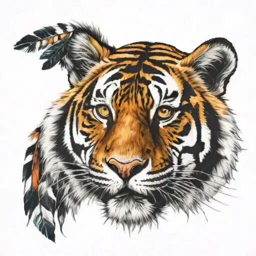 a very realistic tiger with Native American feathers and trinkets coming off of it tattoo design idea