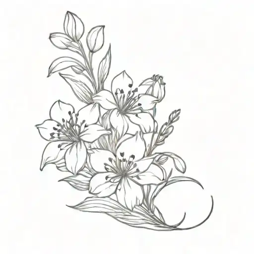 A bouquet of snowdrop flower, cosmos flower, larkspur flower, carnation flower, and chrysanthemum flower tattoo design idea