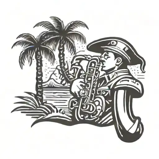 A traditional style tattoo of a soldier playing a saxophone under a palm tree tattoo design idea