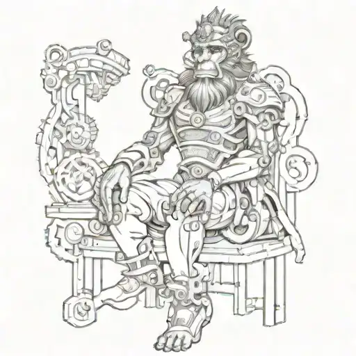 A steampunk monkey king sitting on a throne of gears tattoo design idea