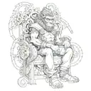 A steampunk monkey king sitting on a throne of gears tattoo design idea
