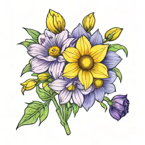 violet daisy poppy cosmo narcissus bouquet tattoo design idea