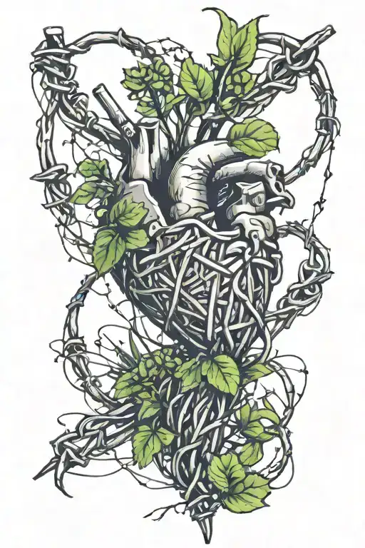 Barbed wire heart with a plant ranek incorporated tattoo design idea