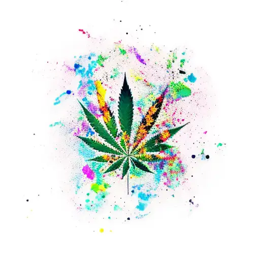 A tattoo design featuring a mix of painting splatter and marijuana leaves intertwined in a colorful and abstract way tattoo design idea